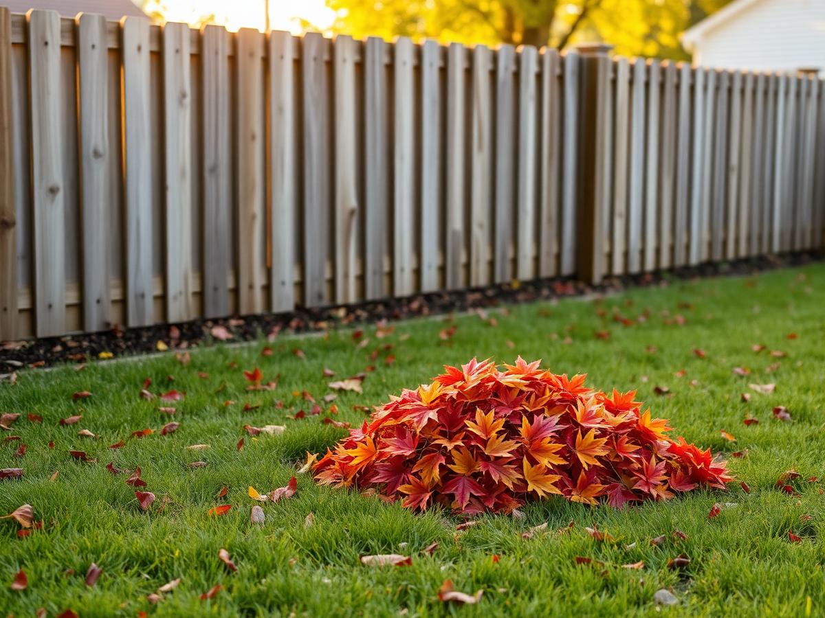 Autumn leaves piled beside a wooden fence